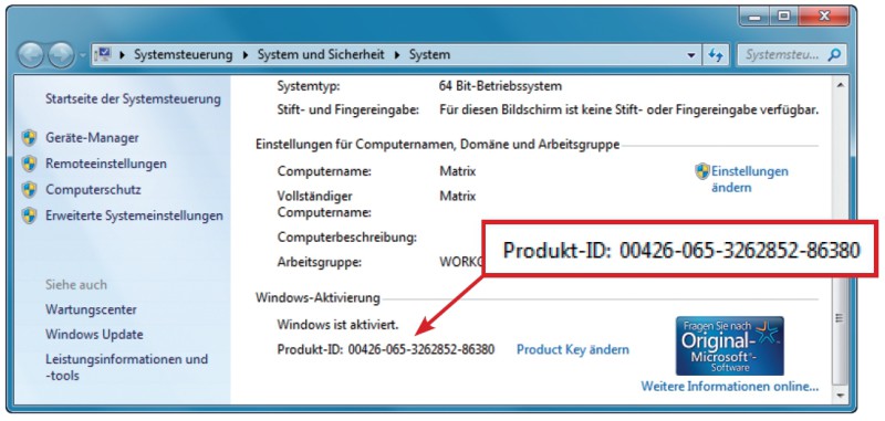 Keine Seriennummer: Wenn Sie [Windows Pause] drücken, öffnet Windows das Fenster „Basisinformationen über den Computer anzeigen“. Hier finden Sie aber statt der Seriennummer nur die Produkt-ID von Windows.