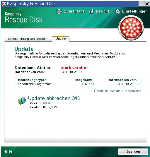Kaspersky Rescue Disk 10: Sie sollten vor dem Virencheck auf jeden Fall die Virensignaturen aktualisieren (Bild 4).