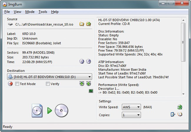 Imgburn: Bevor Sie Ihren PC neu aufsetzen, brennen Sie die Kaspersky Rescue Disk, das Avira Antivir Rescue System und den Daten-Schredder Darik’s Boot and Nuke  auf CD (Bild 1).