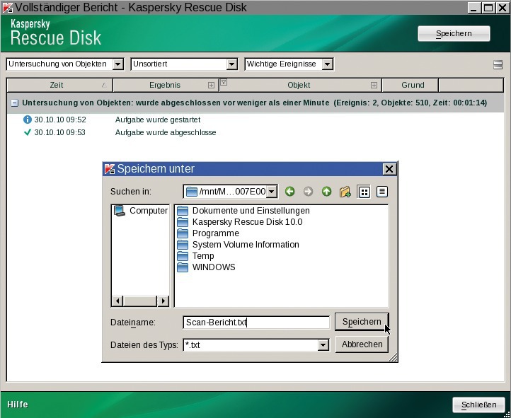 Scan-Bericht speichern: Die Kaspersky Rescue Disk 10 speichert den Scan-Bericht auf Wunsch zum Beispiel auf
Ihrem USB-Stick oder einer externen USB-Festplatte (Bild 5).