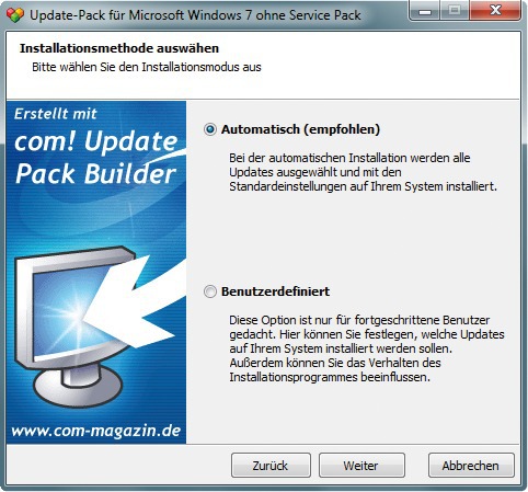 Windows-Update: Aktualisieren Sie das frisch installierte Windows mit dem in Schritt 1 erstellten Update-Pack (Bild 9).