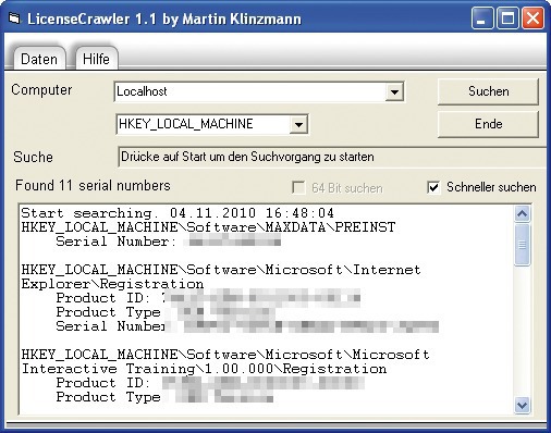 License Crawler: Das Programm rettet die Seriennummern auf Ihrem PC und speichert sie in einer Textdatei (Bild 2).