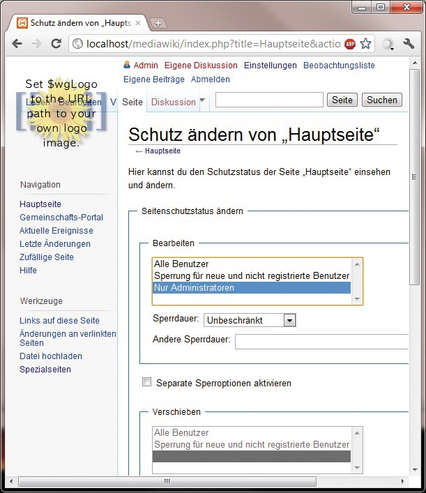 Zugriff beschränken: Auch bei offenen Mediawikis können Sie die Zugriffsrechte für einzelne Seiten beschränken (Bild 4).