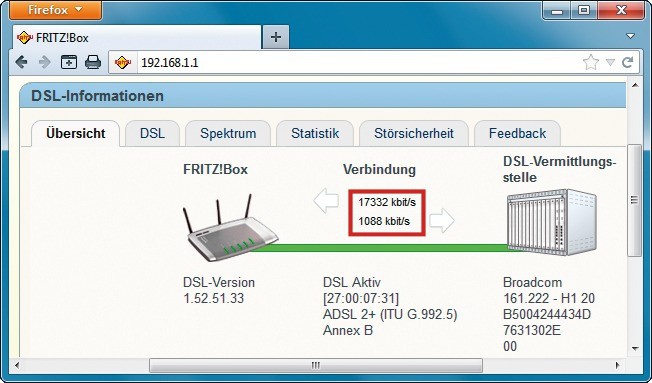 Langsamer Upload: Selbst mit einem schnellen DSL-Anschluss — wie hier mit knapp 17 MBit/s — haben Sie nur einen lahmen Upload von 1 MBit/s (Bild 5).