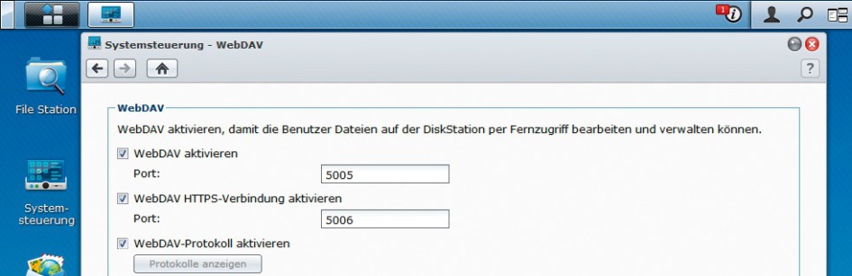 WebDAV auf dem NAS: Viele NAS-Server — wie hier von Synology — haben einen WebDAV-Server. Er stellt Ihnen WebDAV zur Verfügung, wenn Sie übers Internet auf Ihr NAS zugreifen möchten (Bild 4).