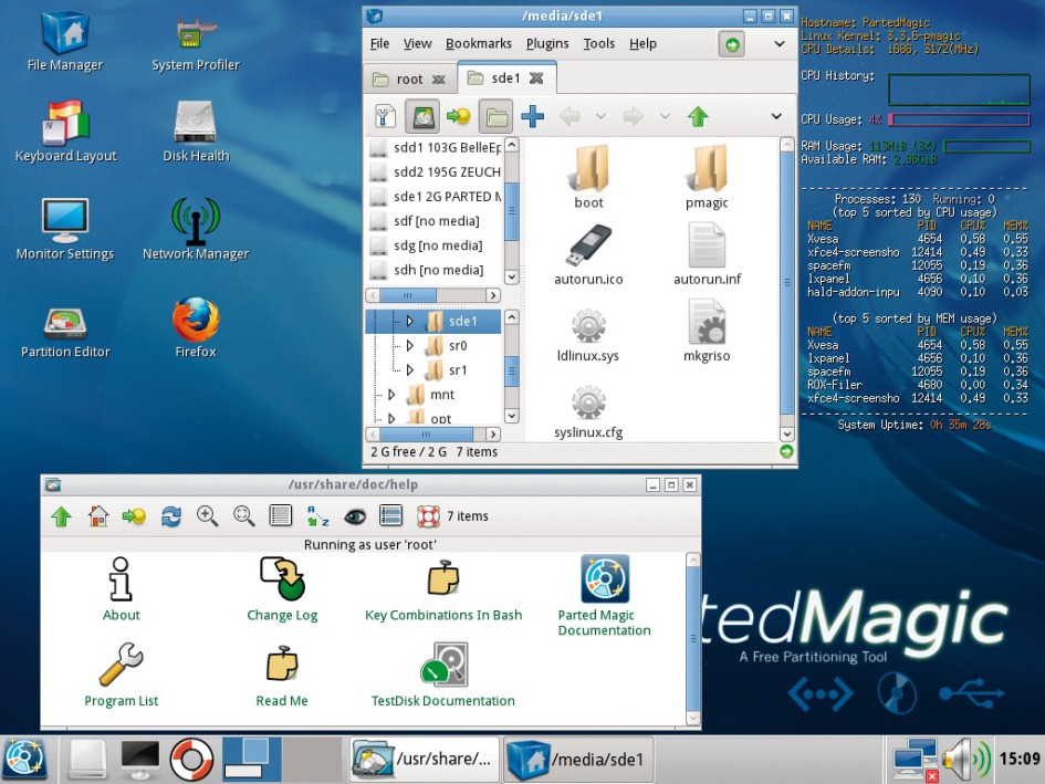 Parted Magic: Das Live-System rückt mit einem ganzen Werkzeugkasten zur Analyse und Rettung von Problem-PCs an, darunter ein „Partition Editor“, ein „System Profiler“ und ein „Network Manager“ (Bild 1).