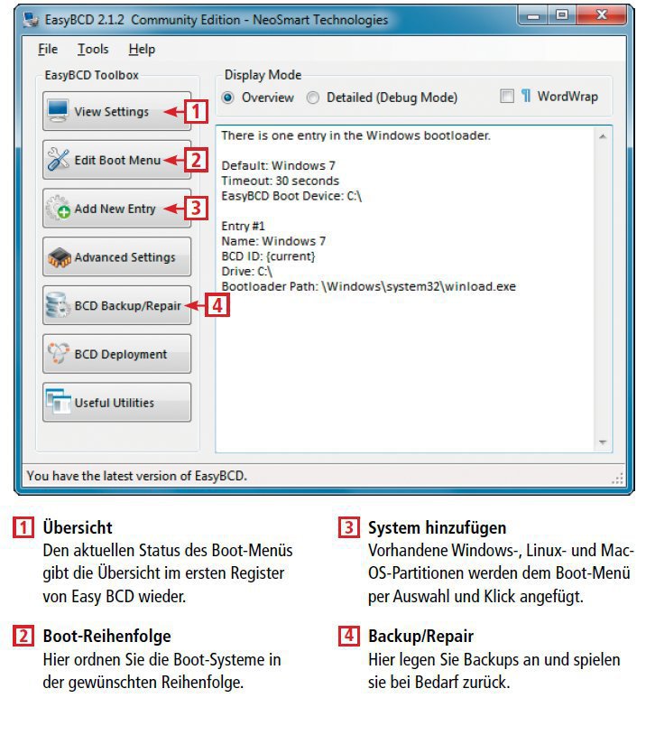 So geht’s: Easy BCD (kostenlos, http://neosmart.net) bearbeitet das Boot-Menü und die Einstellungen von Windows und stellt sie nach einem Crash einfach wieder her (Bild 19).