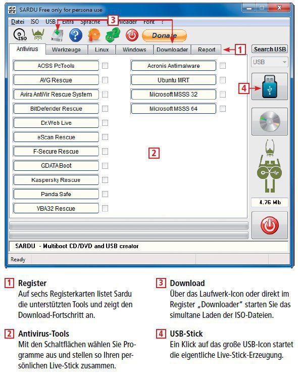 So geht’s: Wenn ein PC durch Schädlinge lahmgelegt ist, dann sorgt Sardu (kostenlos, www.sarducd.it) mit mehreren Antiviren-Engines wieder für Ordnung (Bild 11).