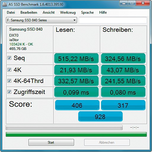 Benchmark-Test mit AS SSD 1.6.4013: Die SSD erreichte beeindruckende 515 MByte/s beim Lesen und 325 MByte/s beim sequenziellen Schreiben (Bild 2).