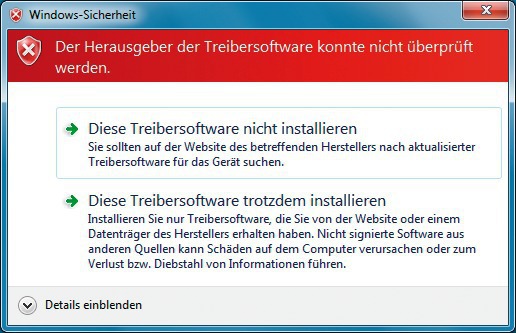 Windows-Sicherheit: Windows warnt Sie vor der Installation des Treibers, weil er nicht signiert ist (Bild 6).