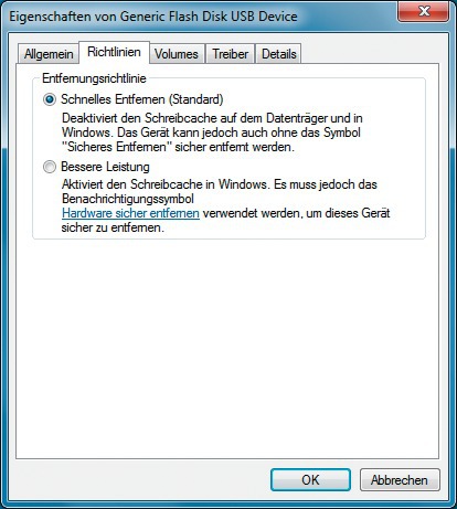 Schreib-Cache für USB-Sticks: „Schnelles Entfernen“ schaltet den Schreib-Cache aus. Dann lässt sich der Stick jederzeit abziehen (Bild 2).