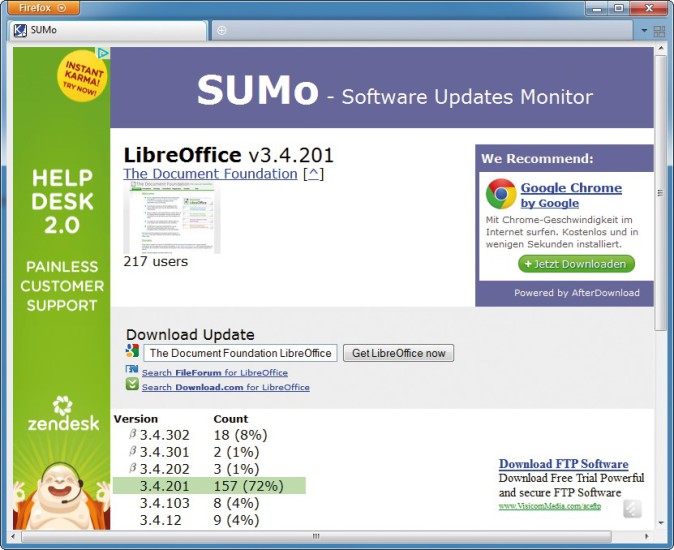 Updates laden: Sumo zeigt an, wie viele Sumo-Nutzer die verschiedenen Versionen eines Programms einsetzen, und nennt Download-Links (Bild 4).