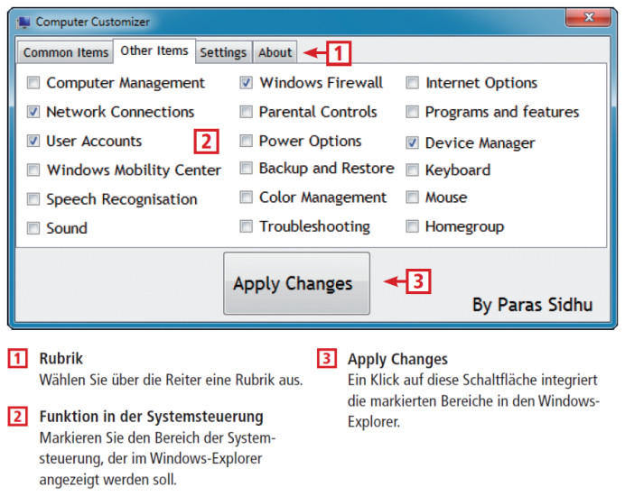 Der Computer Customizer integriert häufig verwendete Einstellungen der Systemsteuerung direkt in den Windows-Explorer.